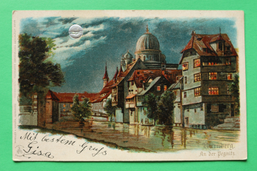 AK Nürnberg / um 1900 / Litho / Mondschein / Silbermond / Synagoge / Insel Schütt / Mond silbern geprägt